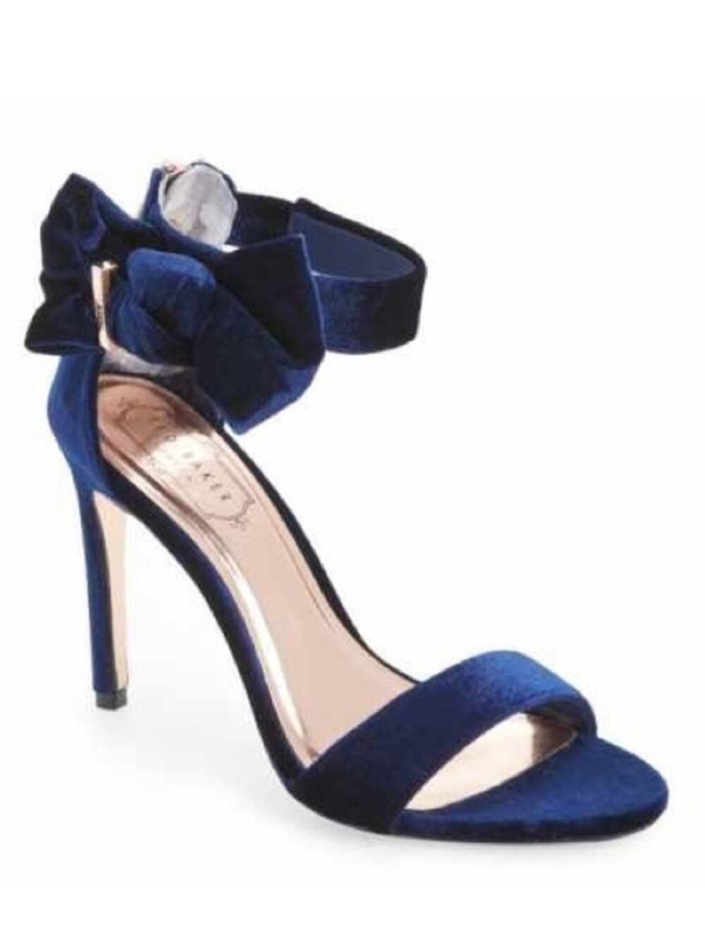 Ted Baker Torabel Velvet Blue Sandal Open Toe Slim Heel Stiletto Bow Back Zip 40 - Picture 1 of 10